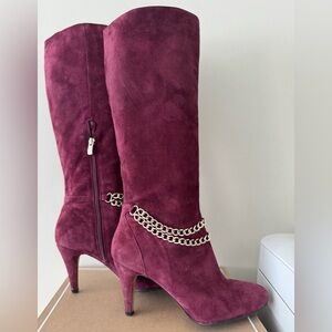 Vince Camuto Plum Suede Heeled Boots with Chain Accent